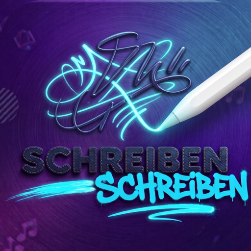 App-Icon von SCHREIBEN SCHREIBEN: ein Apple Pencil schreibt in leuchtendem Cyan auf violettem Grund